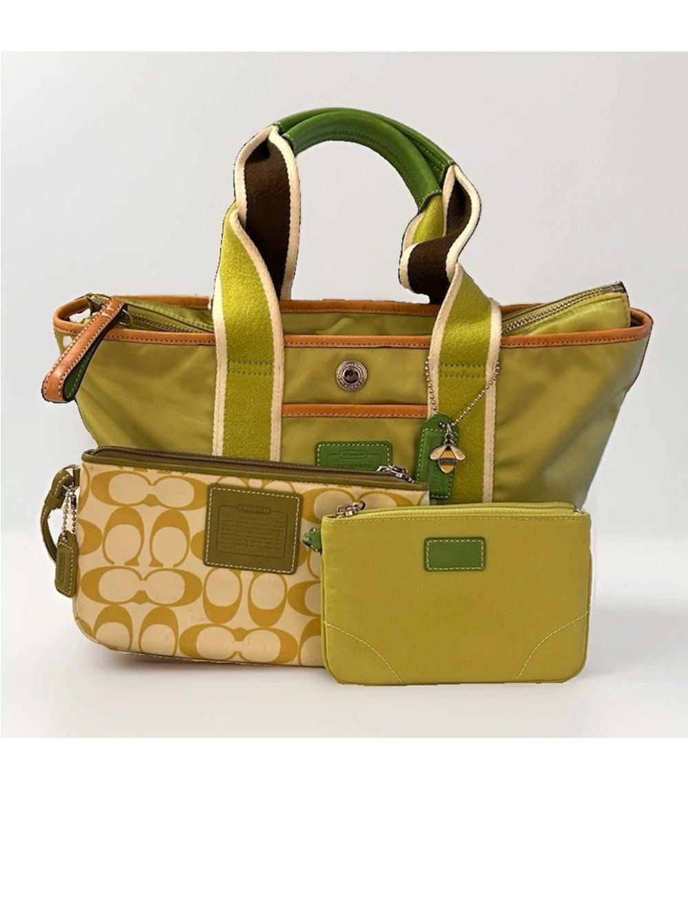 Coach Mini Hampton Tote Set, Green/Beige, Very Rare/Vintage/Clean Condition